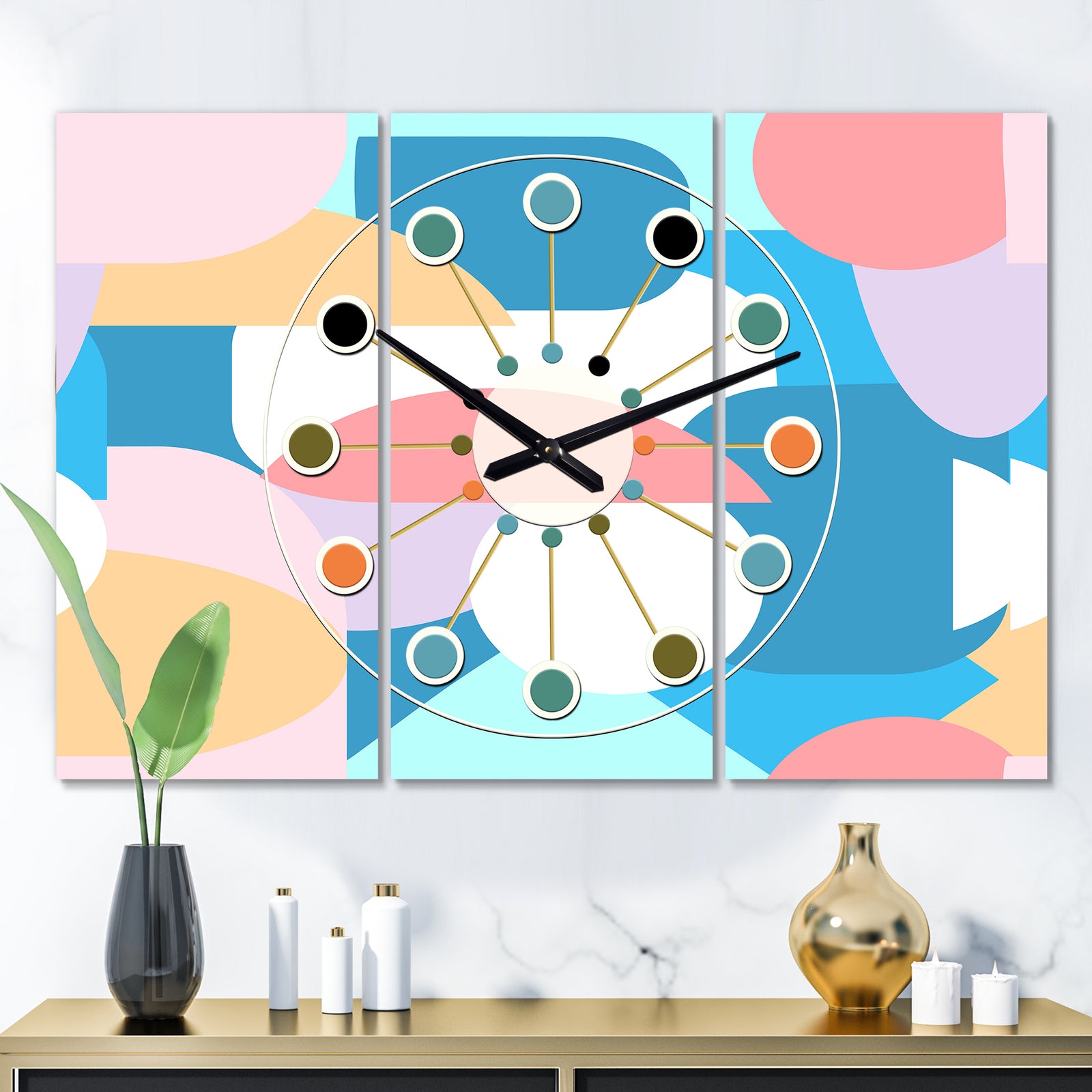 Retro Geometrical Abstract Pattern II - Oversized Mid-Century wall clock - 3 Panels