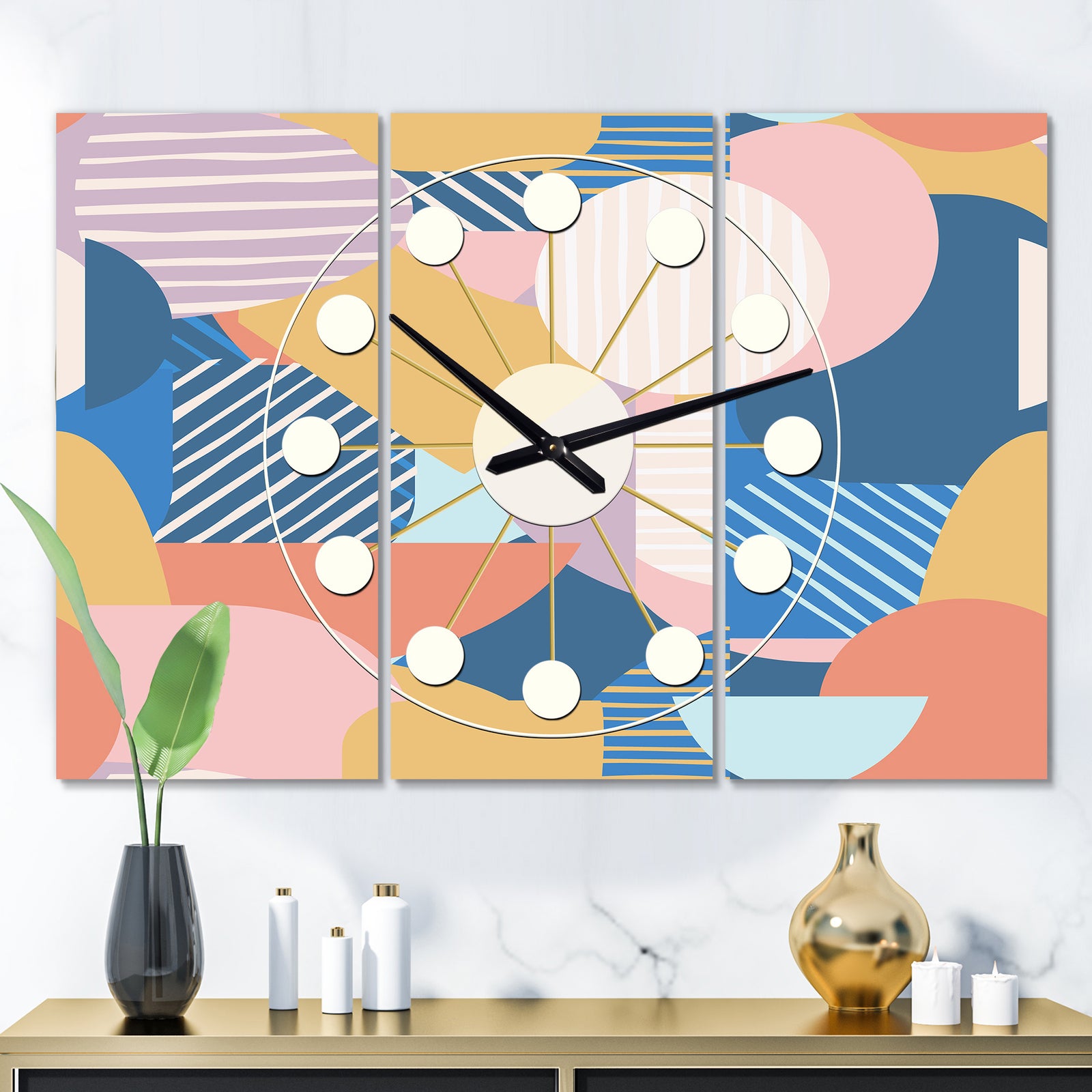 Modern geometric shapes pattern - Oversized Mid-Century wall clock - 3 Panels