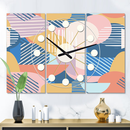 Trendy Contemporary Geometry Shapes Pattern - Oversized Mid-Century wall clock - 3 Panels