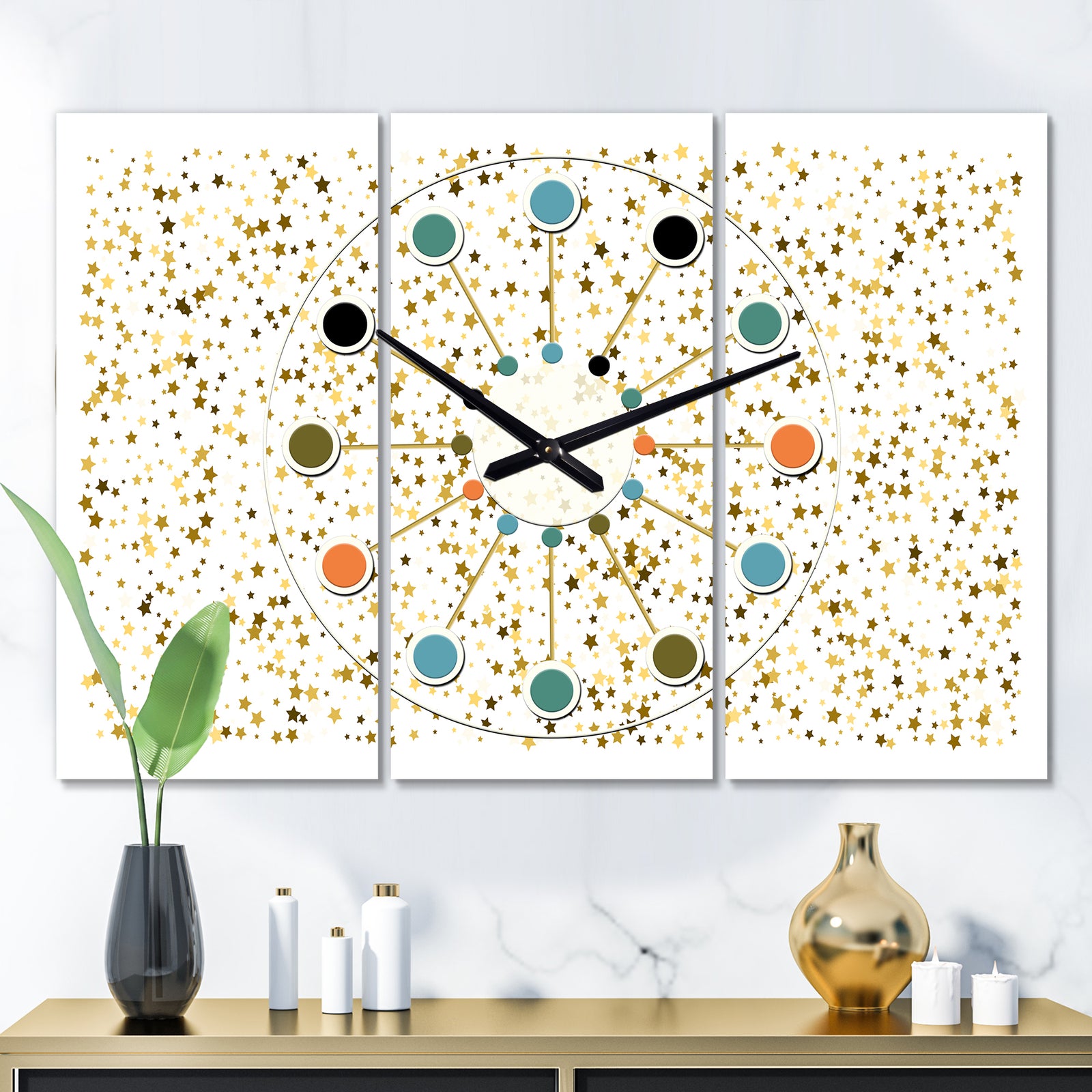 Golden Glitter Confetti  - Oversized Mid-Century wall clock - 3 Panels