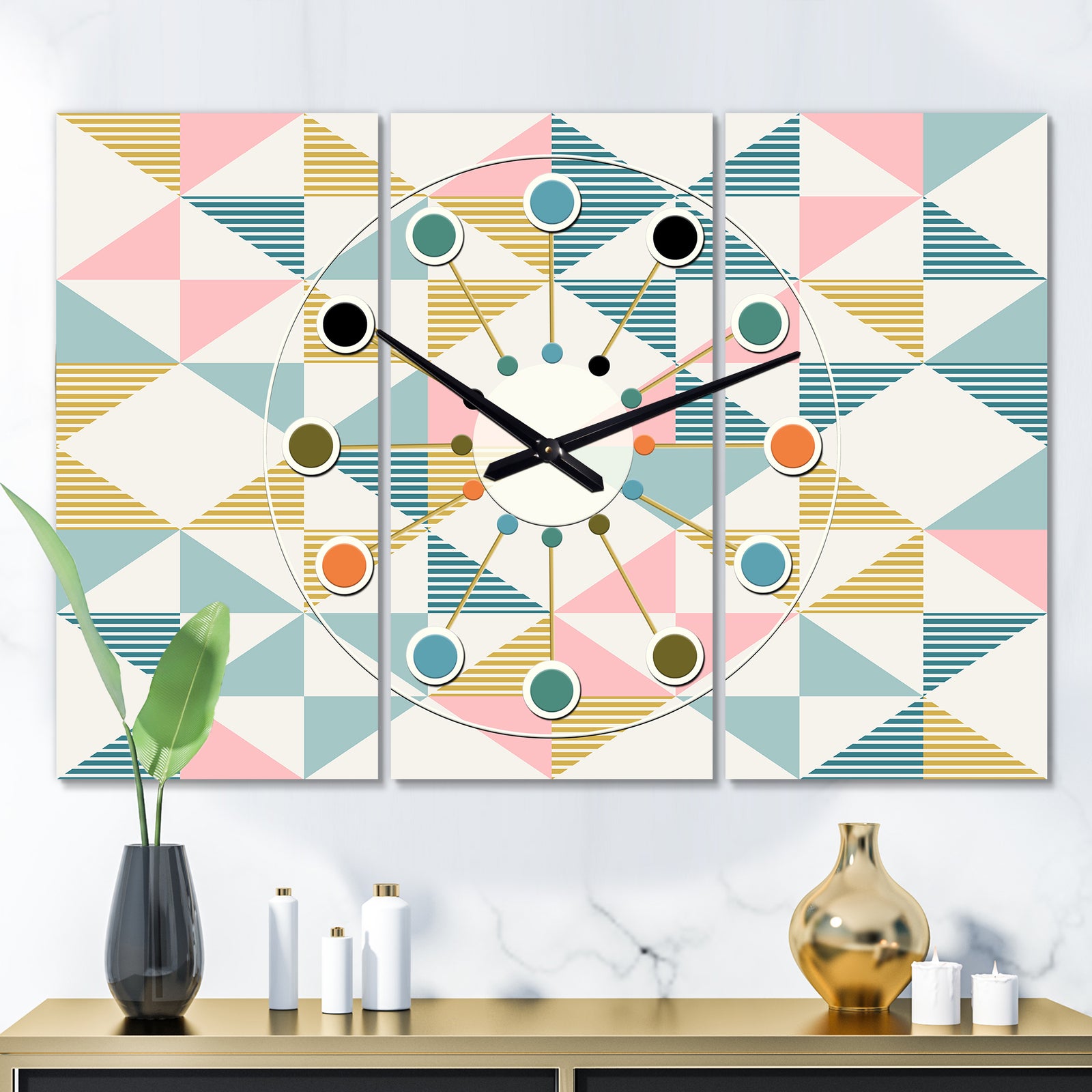 Diamond Retro II - Oversized Mid-Century wall clock - 3 Panels
