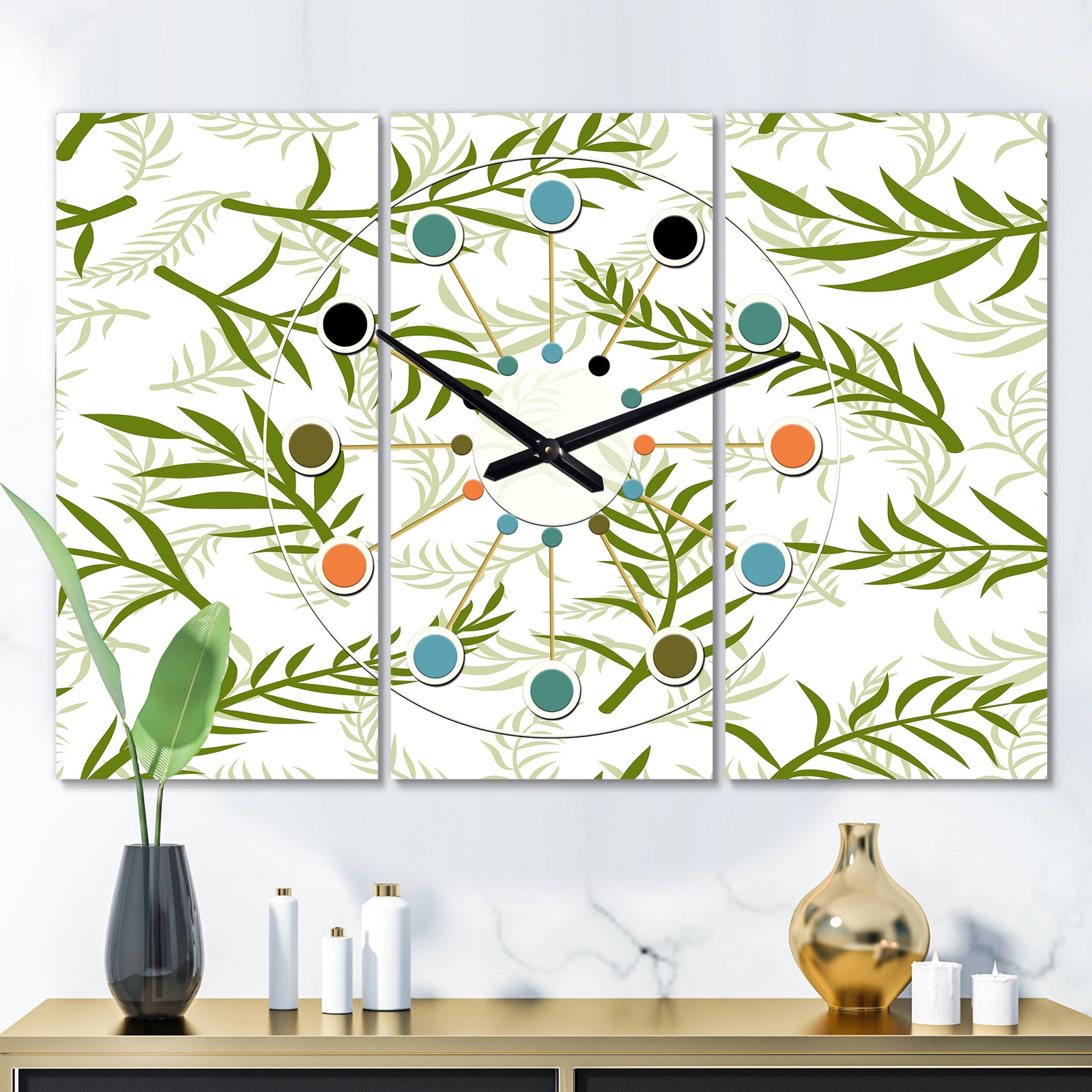 Tropical Botanicals I  - Oversized Mid-Century wall clock - 3 Panels