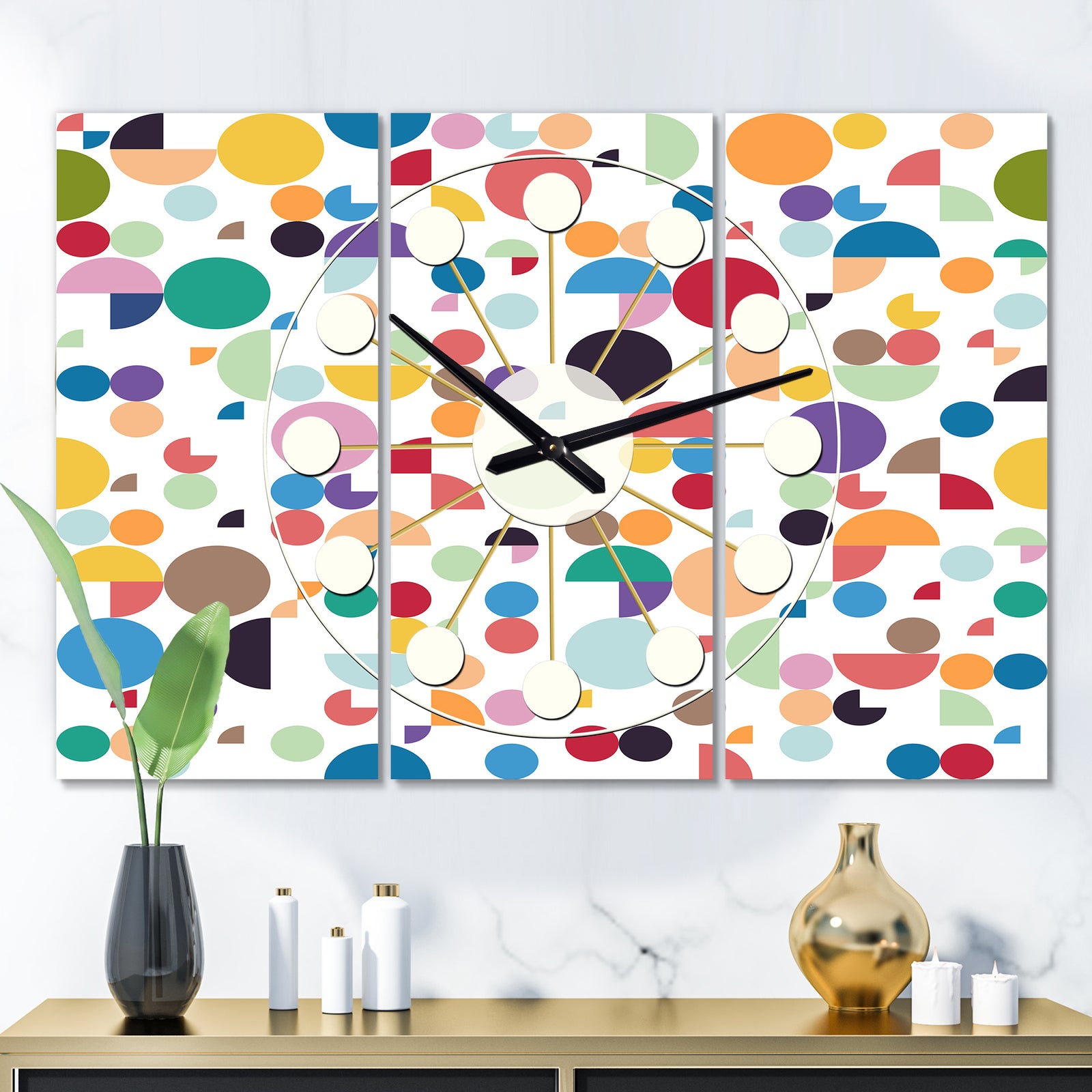 Retro Abstract Circular I - Oversized Mid-Century wall clock - 3 Panels