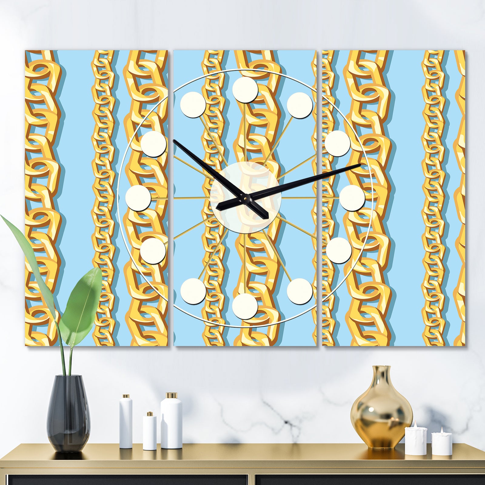 Gold Chain Pattern - Oversized Mid-Century wall clock - 3 Panels