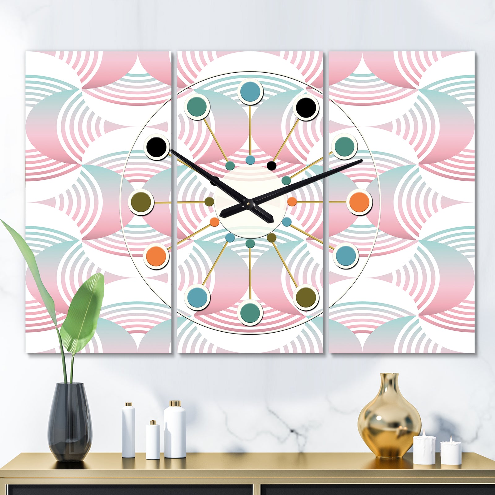 Retro Geometrical Abstract Pattern I - Oversized Mid-Century wall clock - 3 Panels