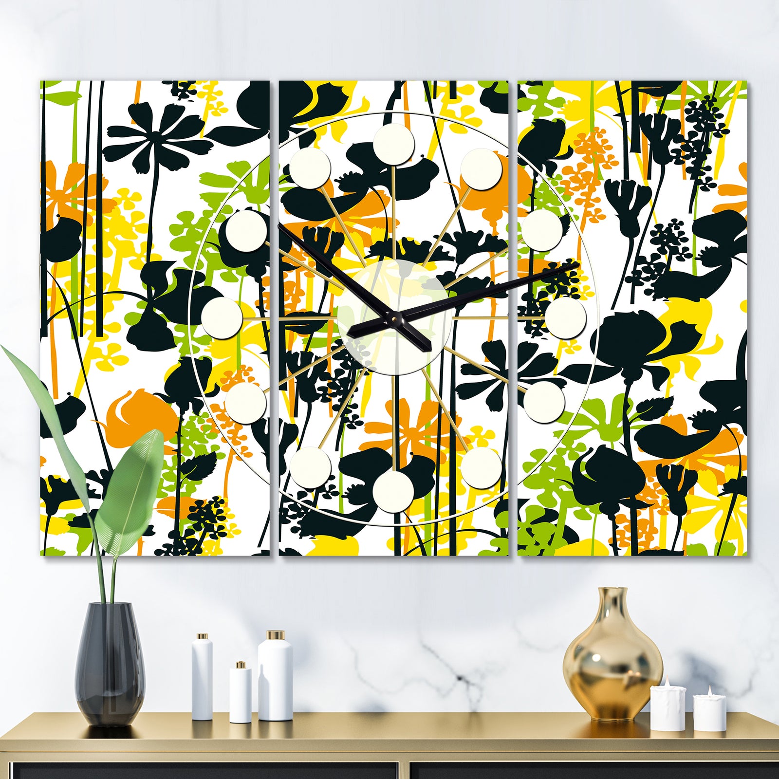 Summer meadow pattern, black silhouettes - Oversized Mid-Century wall clock - 3 Panels