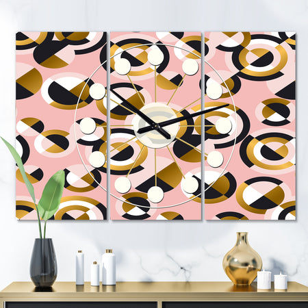 Circular geometric shapes retro pattern - Oversized Mid-Century wall clock - 3 Panels