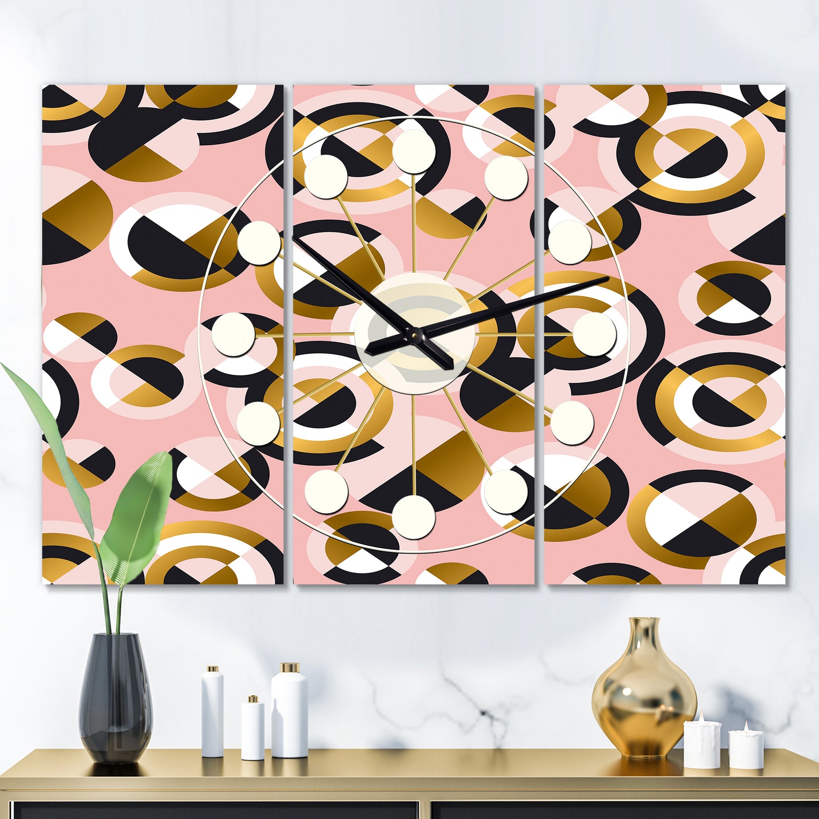 Circular geometric shapes retro pattern - Oversized Mid-Century wall clock - 3 Panels