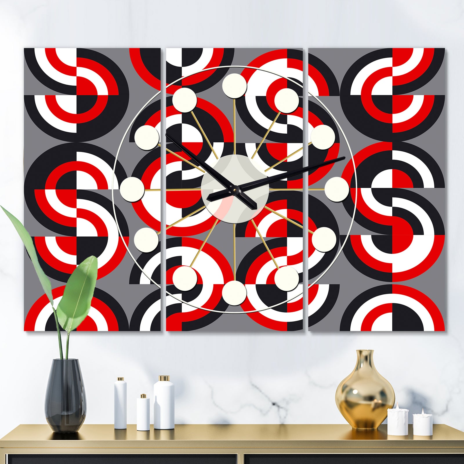 Retro Circular Pattern Geometrical - Oversized Mid-Century wall clock - 3 Panels