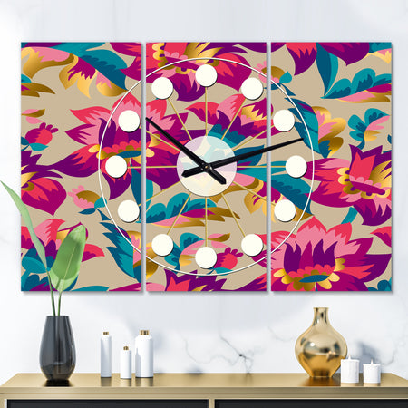 Elegant blossom hand drawn folk pattern - Oversized Mid-Century wall clock - 3 Panels