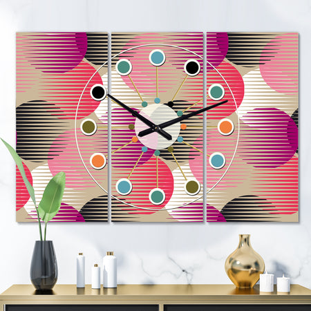 Retro Circular Pattern VIII - Oversized Mid-Century wall clock - 3 Panels
