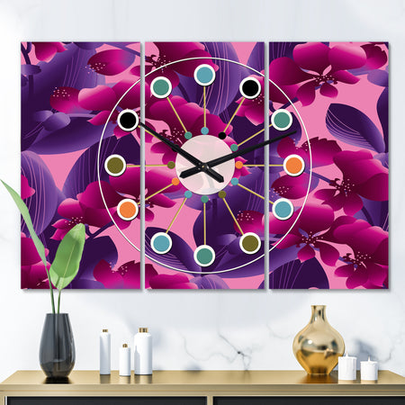 Orchid blossom colorful pattern - Oversized Mid-Century wall clock - 3 Panels