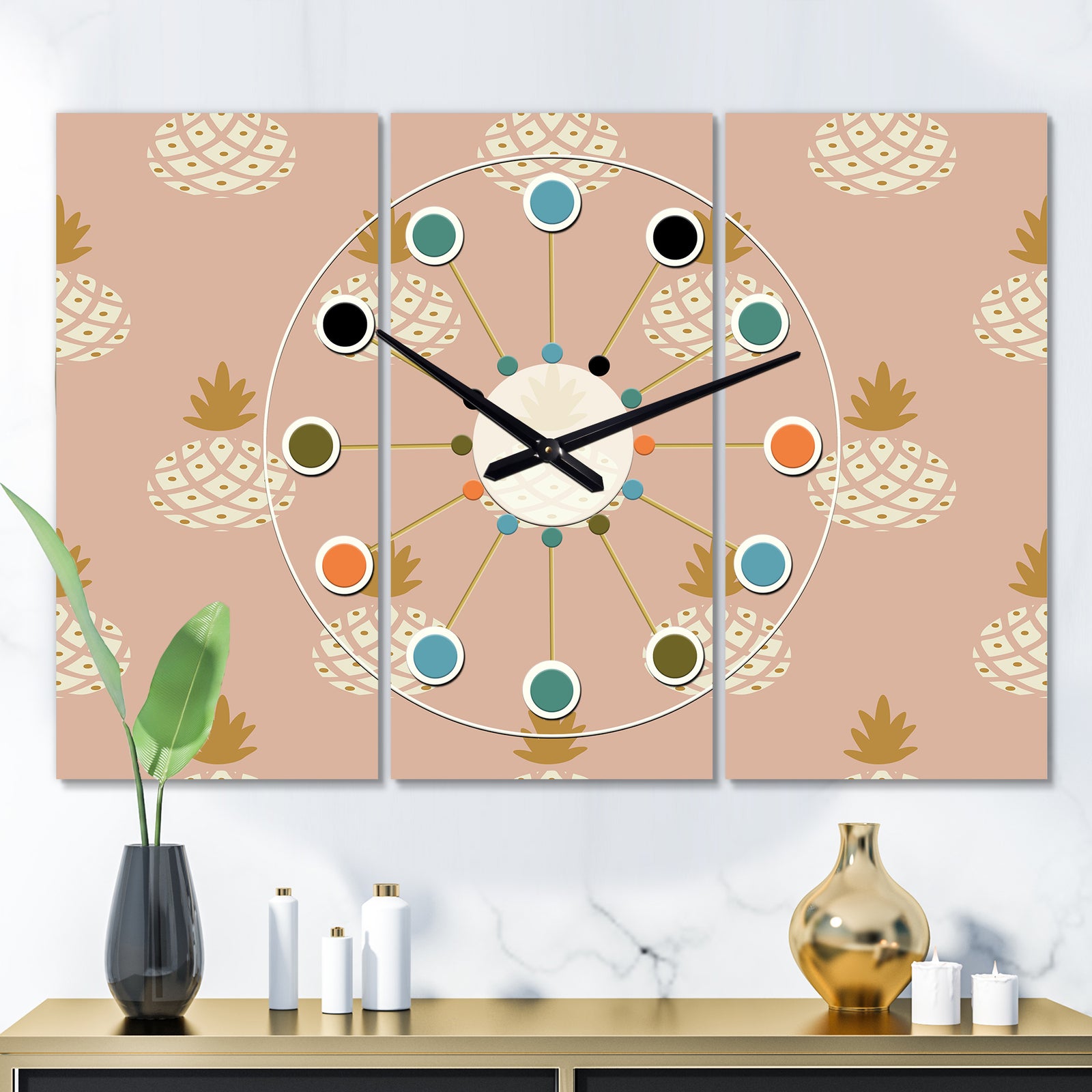 Pineapple Summer Bliss VII - Oversized Mid-Century wall clock - 3 Panels