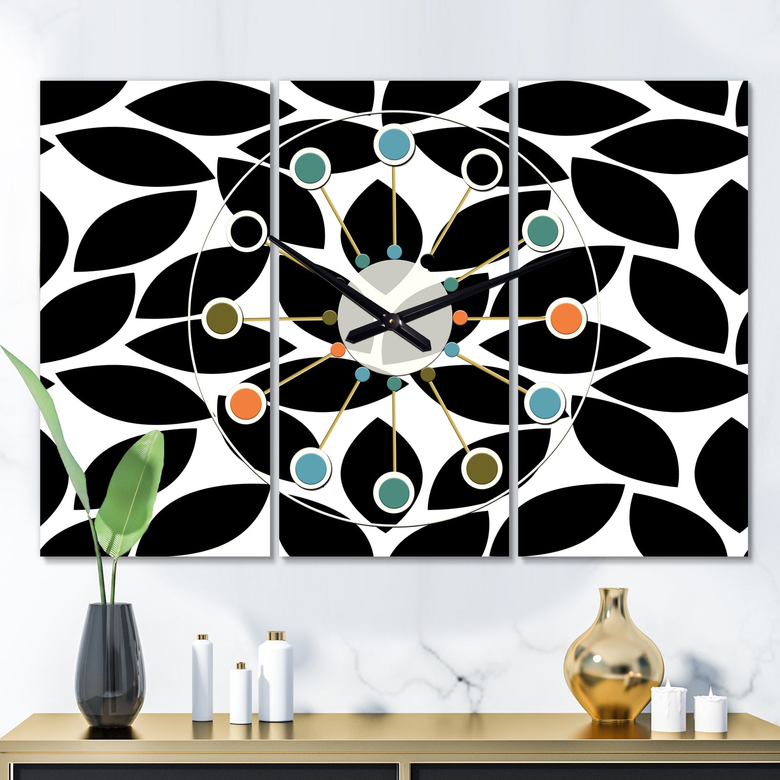 Monochrome Geometric Pattern XII - Oversized Mid-Century wall clock - 3 Panels