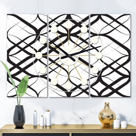 Monochrome Geometric Pattern III - Oversized Mid-Century wall clock - 3 Panels
