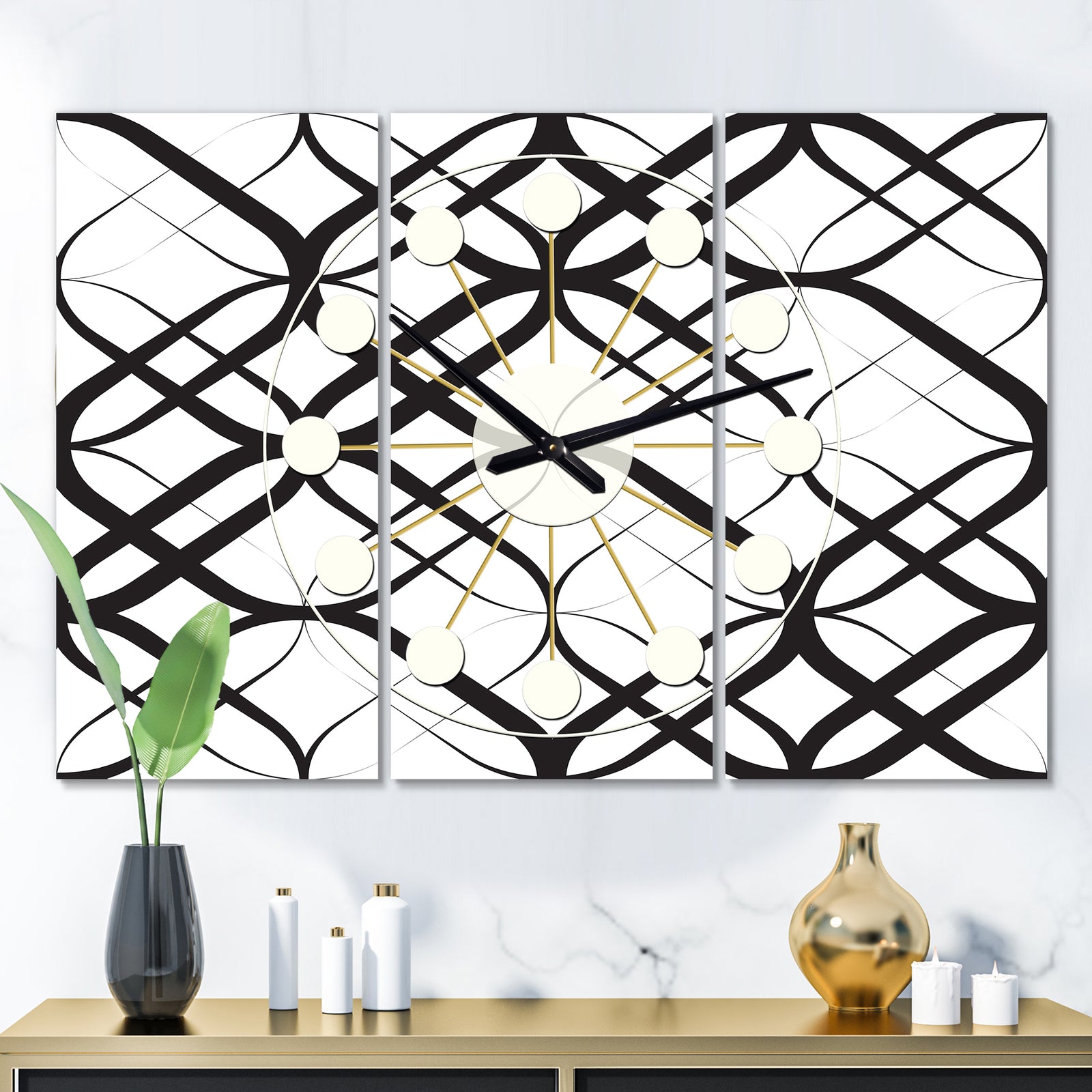 Monochrome Geometric Pattern III - Oversized Mid-Century wall clock - 3 Panels
