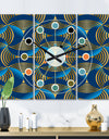 Geometric abstract waves in gold and marine blue - Oversized Mid-Century wall clock - 3 Panels