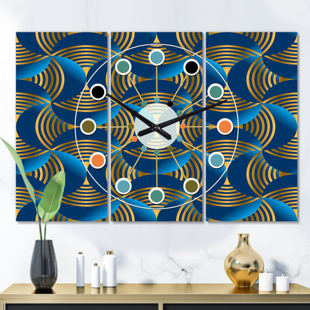 Geometric abstract waves in gold and marine blue - Oversized Mid-Century wall clock - 3 Panels