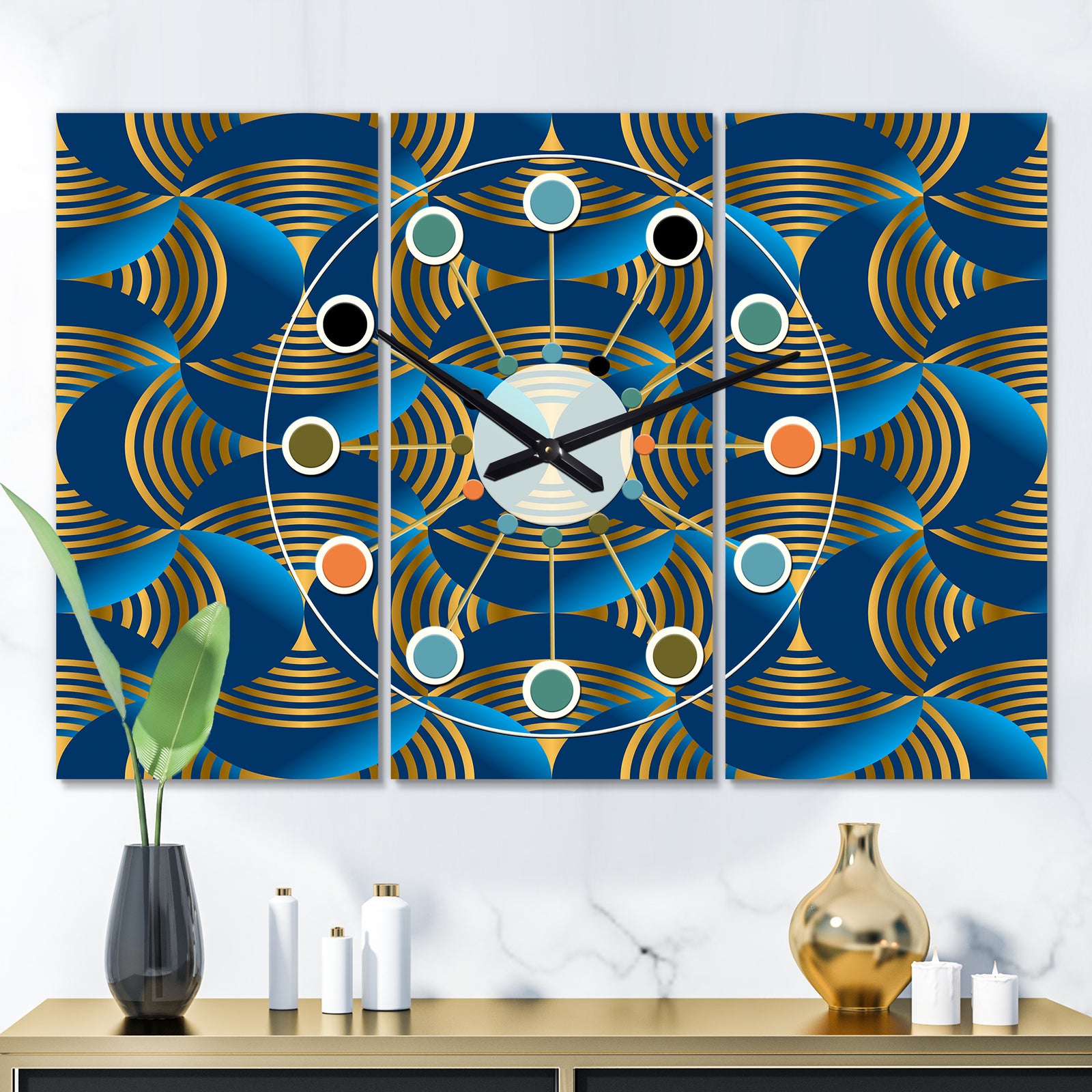 Geometric abstract waves in gold and marine blue - Oversized Mid-Century wall clock - 3 Panels