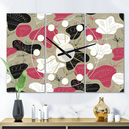 Folk flowers hand drawn pattern - Oversized Mid-Century wall clock - 3 Panels