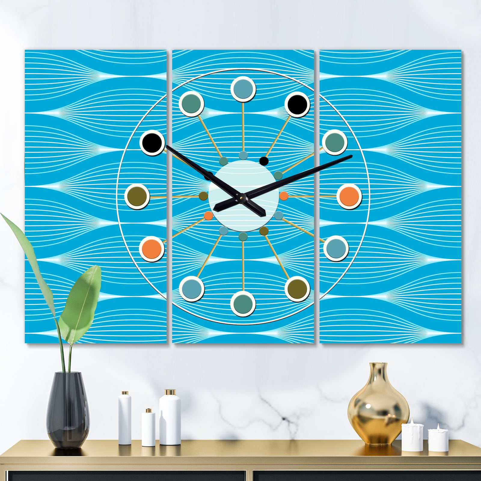 Light Blue Wave pattern - Oversized Mid-Century wall clock - 3 Panels