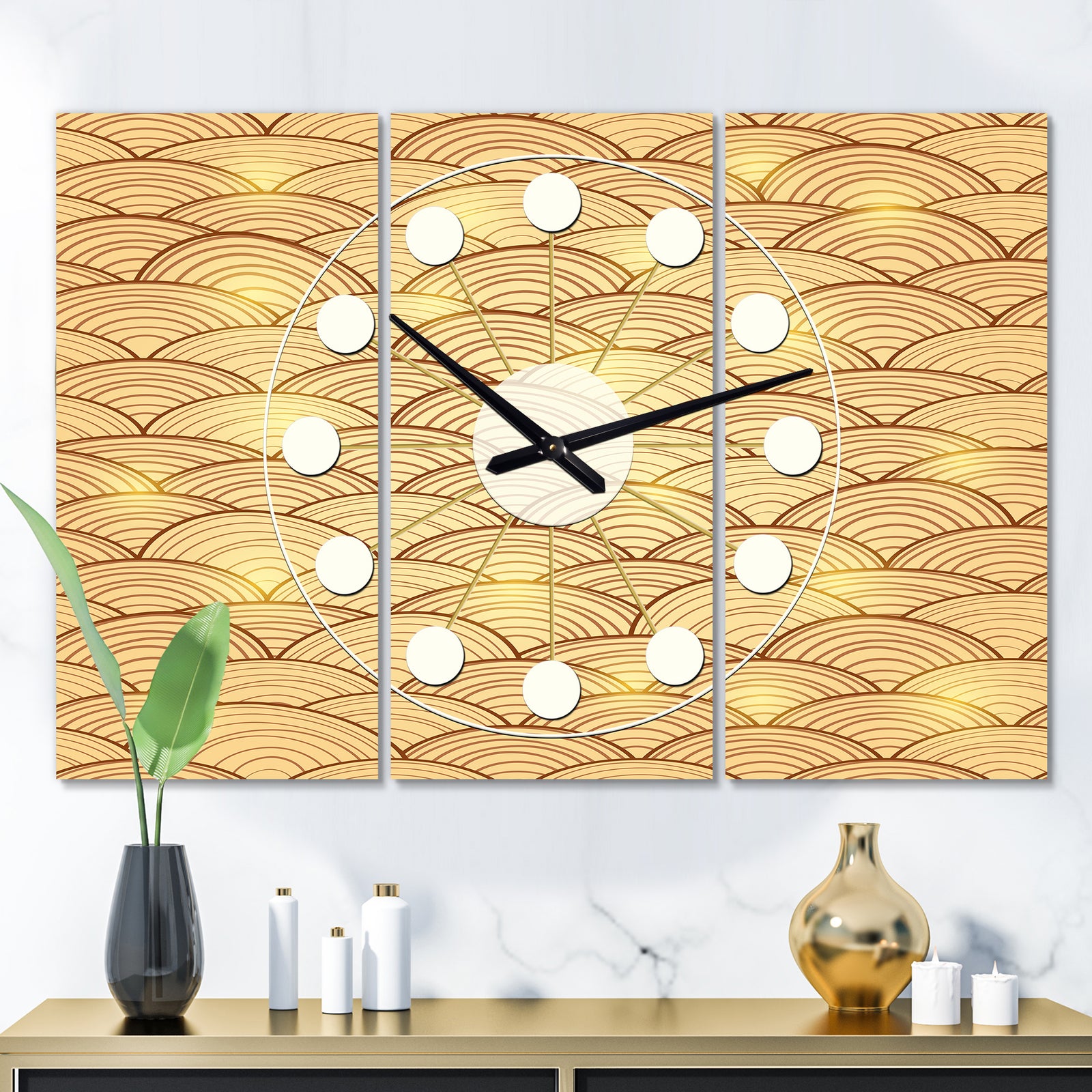 Golden Clouds In The Sky - Oversized Mid-Century wall clock - 3 Panels