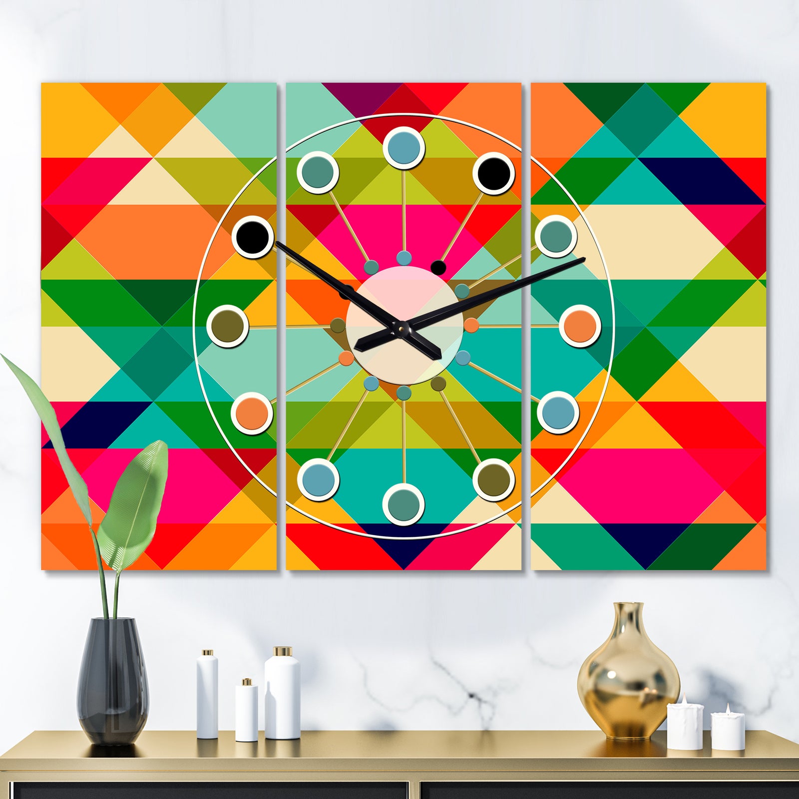 Diamond Retro IX - Oversized Mid-Century wall clock - 3 Panels