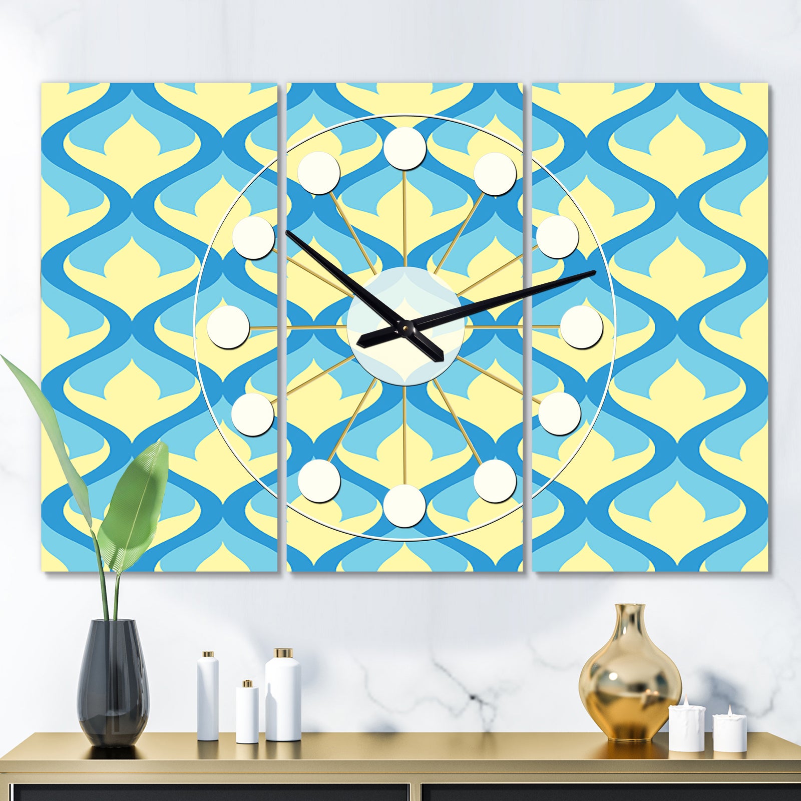 Retro Pattern Abstract Design IX - Oversized Mid-Century wall clock - 3 Panels
