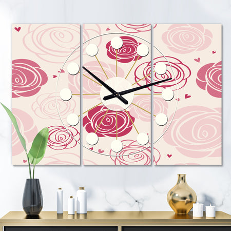 roses pattern - Oversized Mid-Century wall clock - 3 Panels