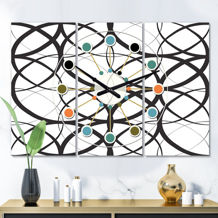 Monochrome Geometric Pattern - Oversized Mid-Century wall clock - 3 Panels