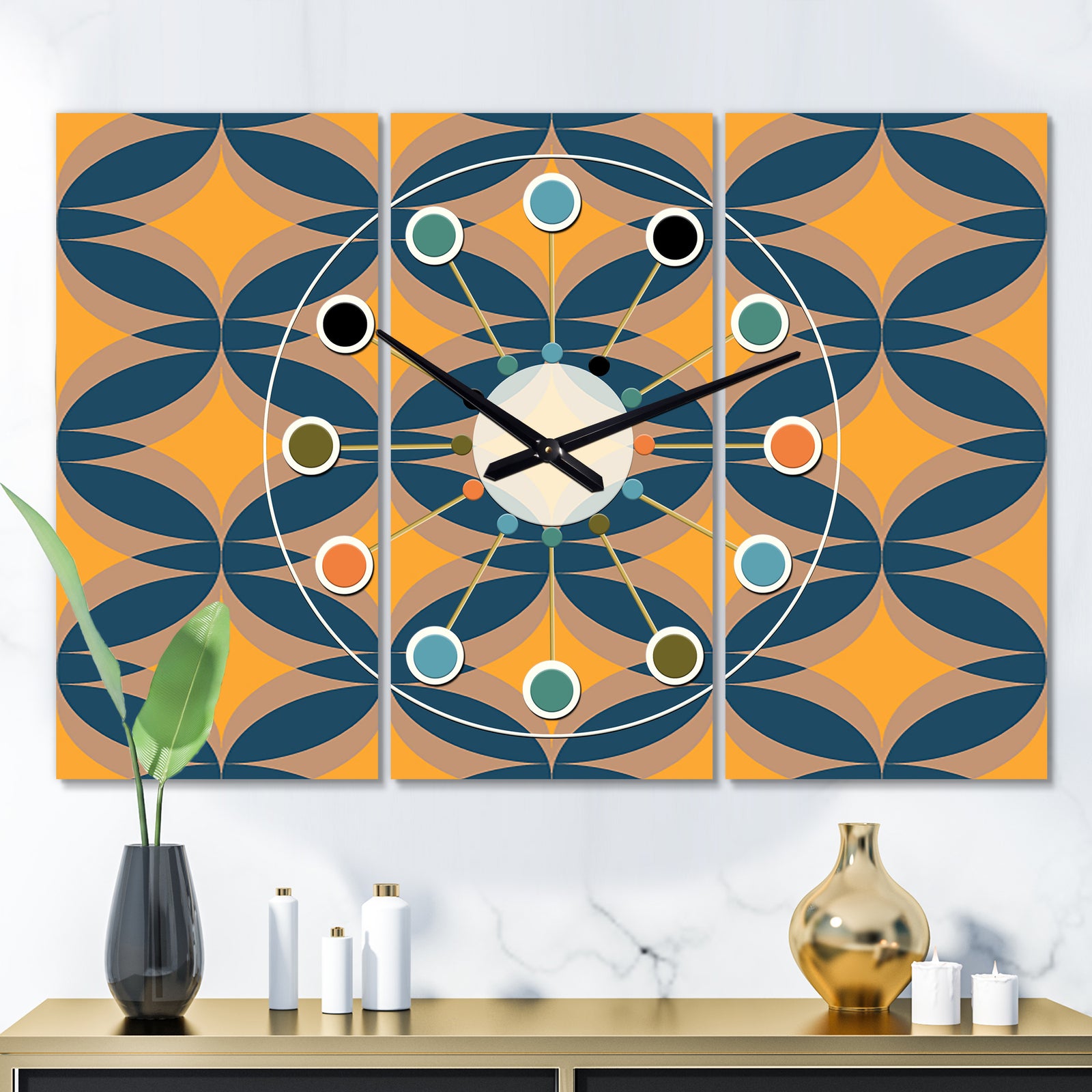 Abstract Retro Design III - Oversized Mid-Century wall clock - 3 Panels
