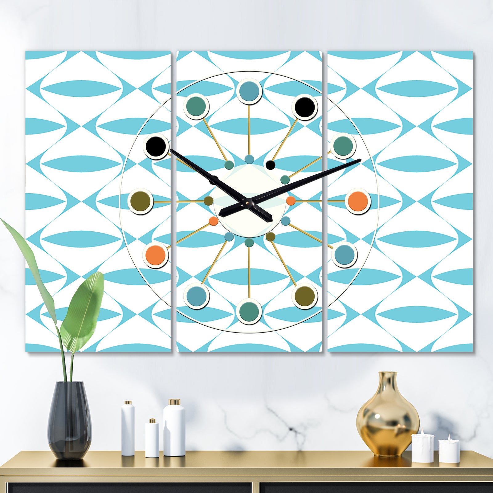 Abstract Retro Geometrical Design III - Oversized Mid-Century wall clock - 3 Panels