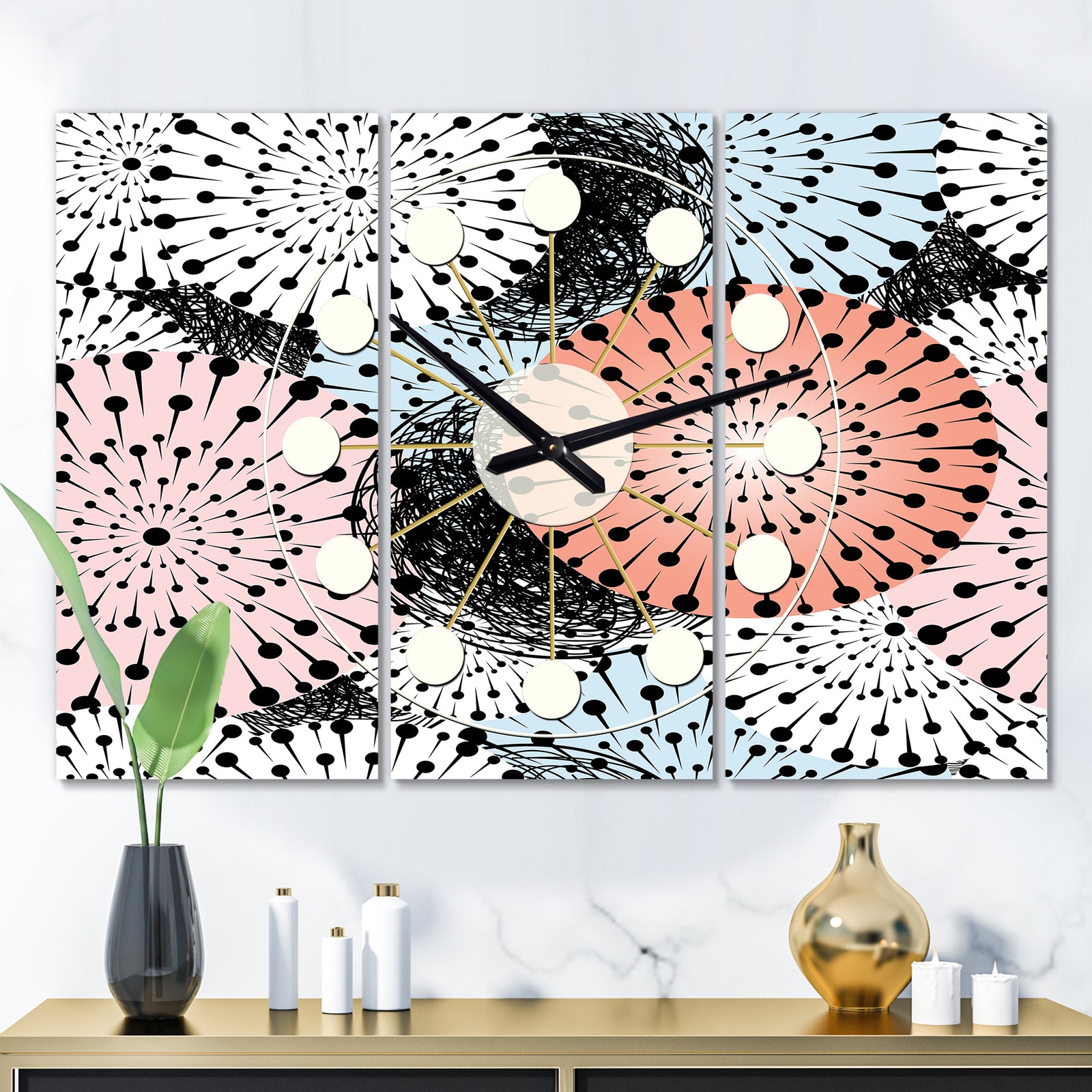 Retro Abstract Flower Design I - Oversized Mid-Century wall clock - 3 Panels
