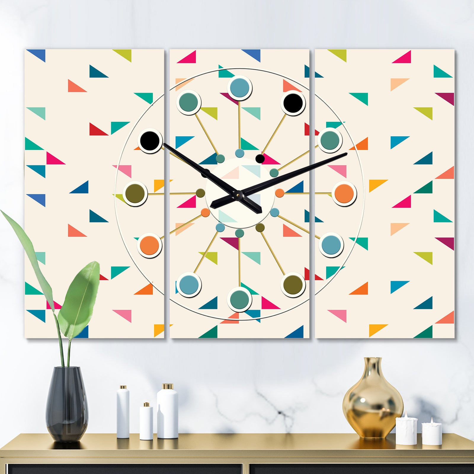 Abstract Triangular Retro Pattern I - Oversized Mid-Century wall clock - 3 Panels