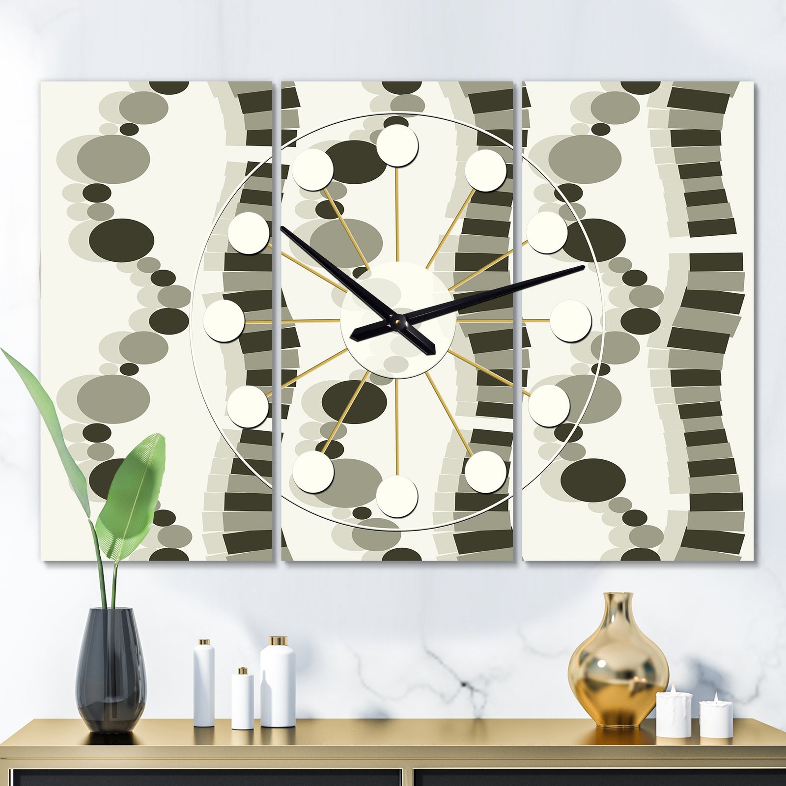 Monochrome Geometric Pattern VI - Oversized Mid-Century wall clock - 3 Panels