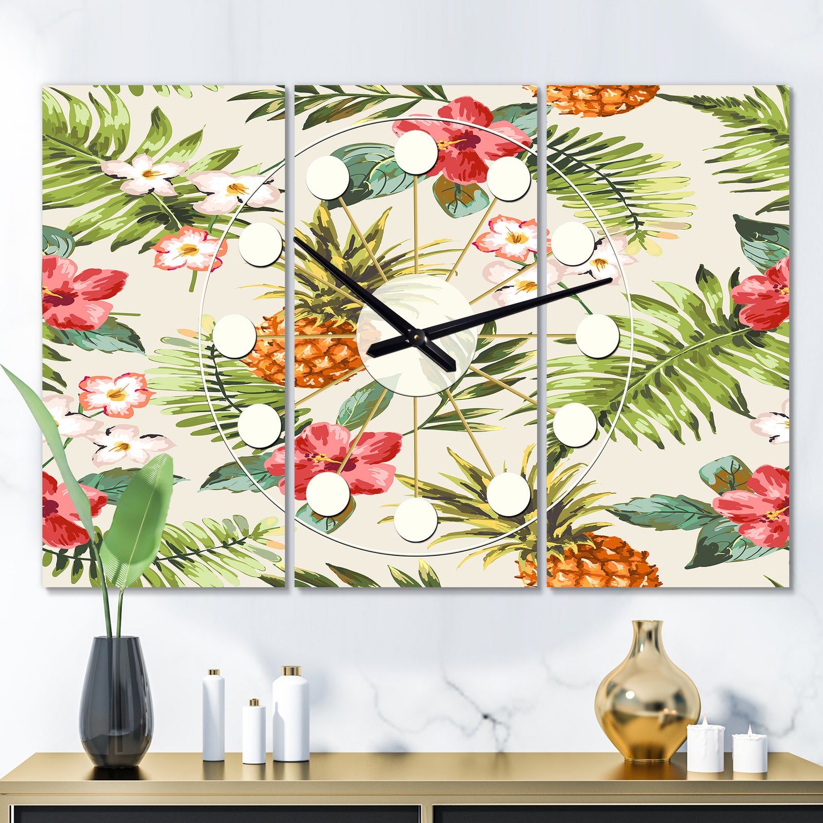 Pineapple Summer Bliss IV - Oversized Mid-Century wall clock - 3 Panels