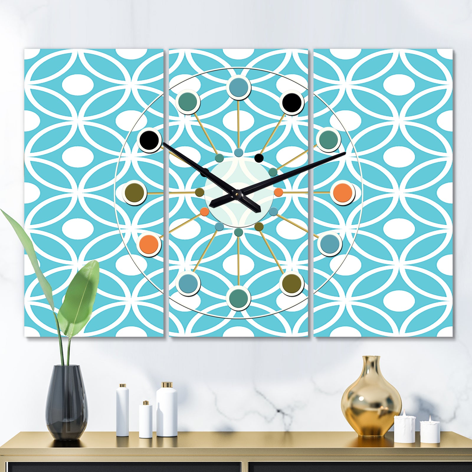 Retro Pattern Abstract Design IV - Oversized Mid-Century wall clock - 3 Panels