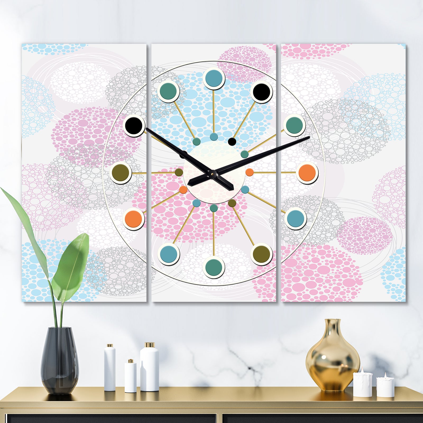 Circular Abstract Retro Geometric III - Oversized Mid-Century wall clock - 3 Panels