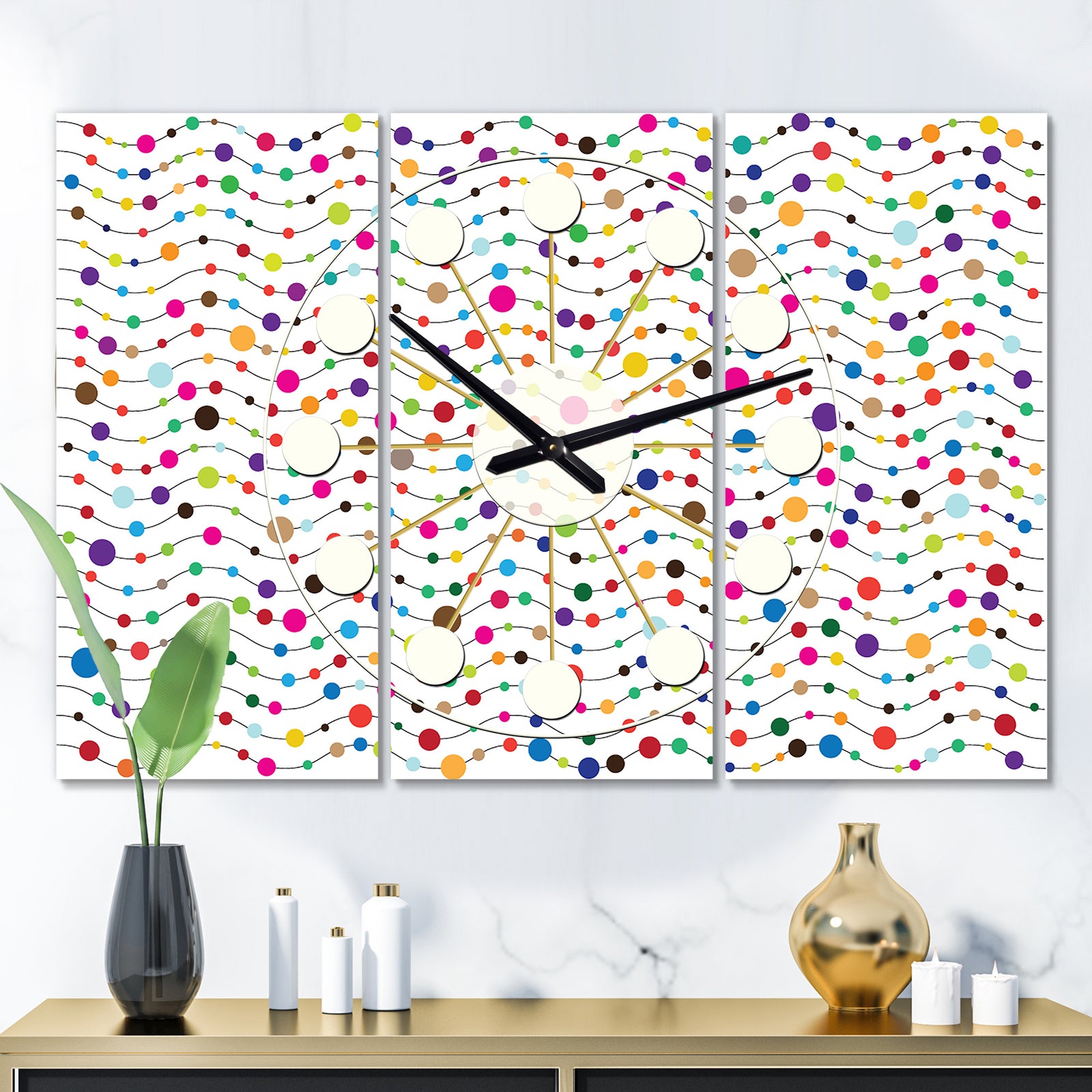Color Waves of Polka Dots - Oversized Mid-Century wall clock - 3 Panels