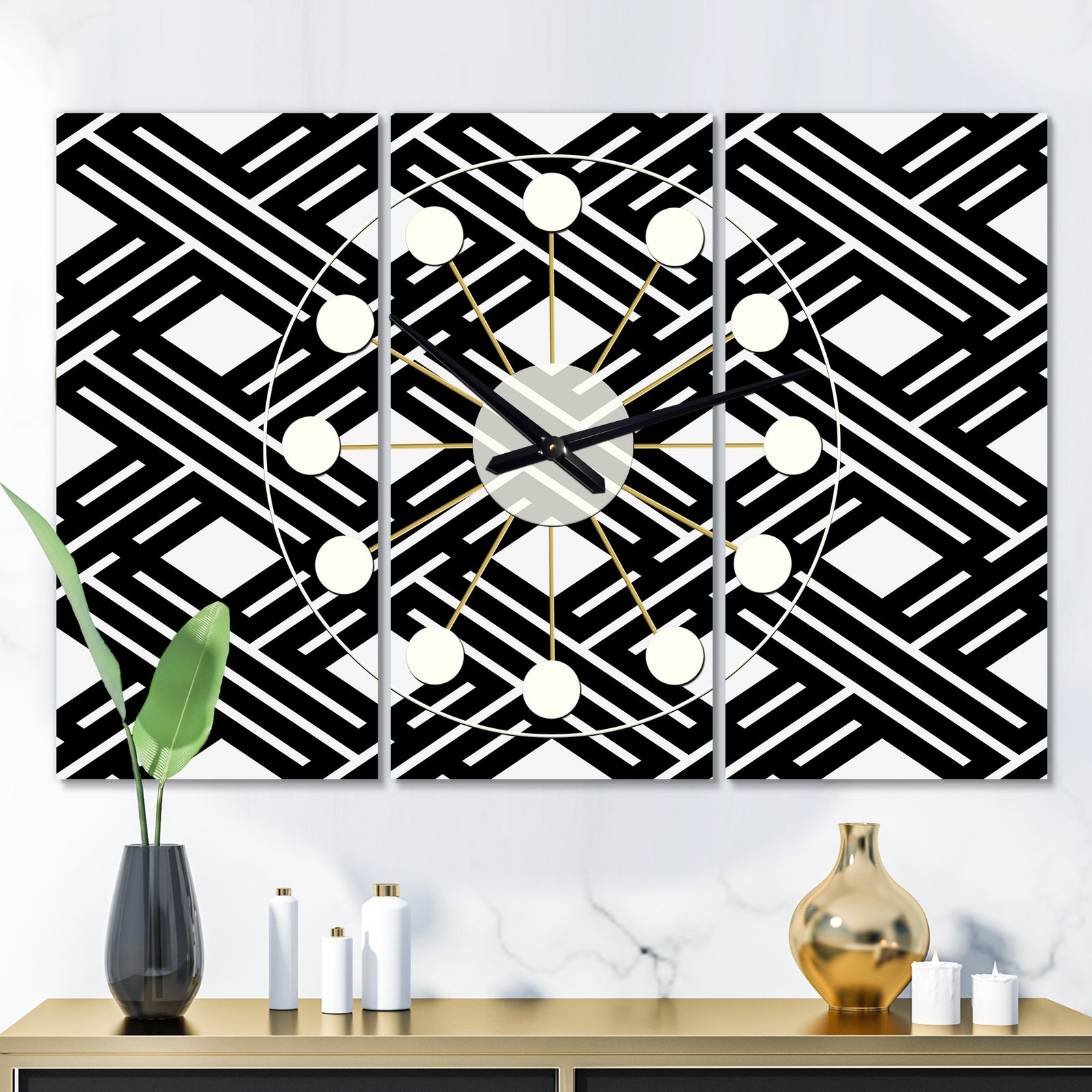 Monochrome Geometric Pattern II - Oversized Mid-Century wall clock - 3 Panels