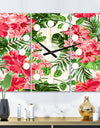 Tropical Leaves and Flowers I - Oversized Mid-Century wall clock - 3 Panels