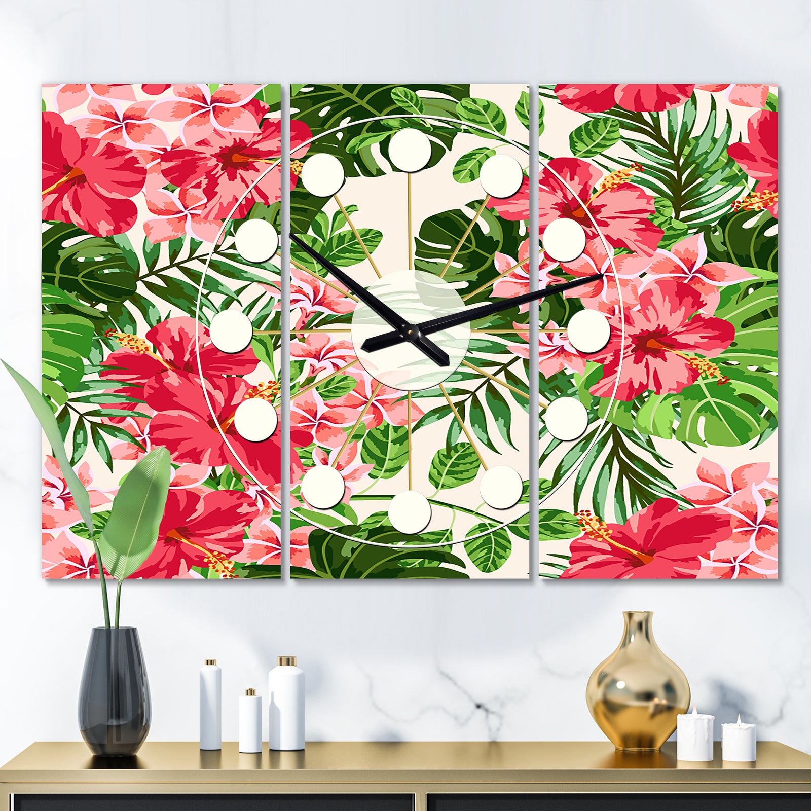 Tropical Leaves and Flowers I - Oversized Mid-Century wall clock - 3 Panels