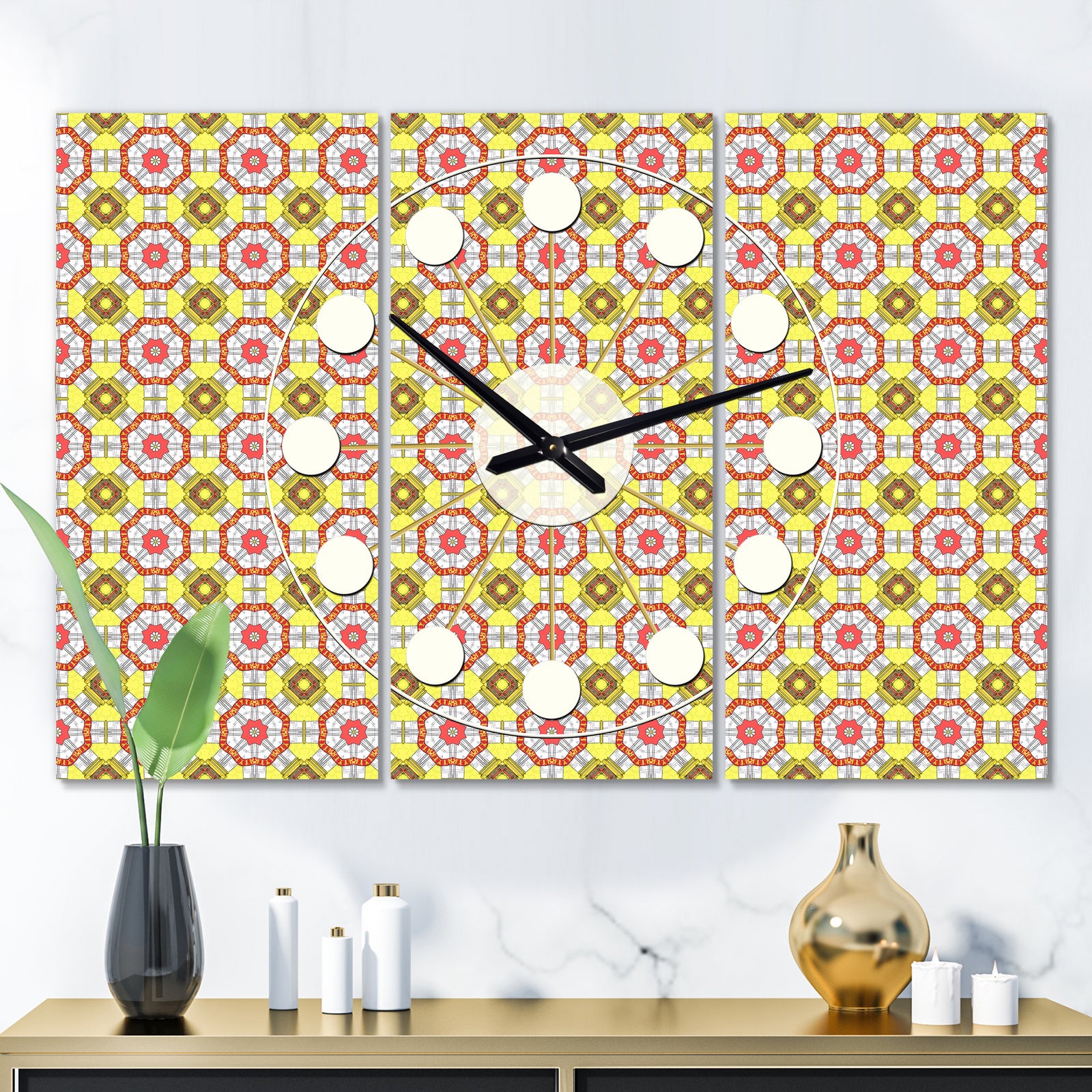 Retro Ethnic Abstract Kaleidoscope Design - Oversized Mid-Century wall clock - 3 Panels