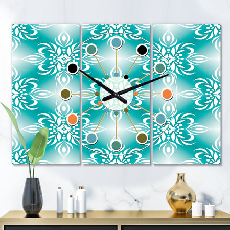 Retro Turquoise Pattern - Oversized Mid-Century wall clock - 3 Panels