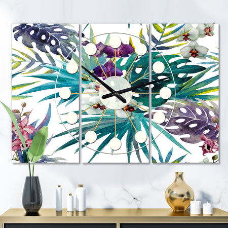 Retro Floral Botanical Design II - Oversized Mid-Century wall clock - 3 Panels