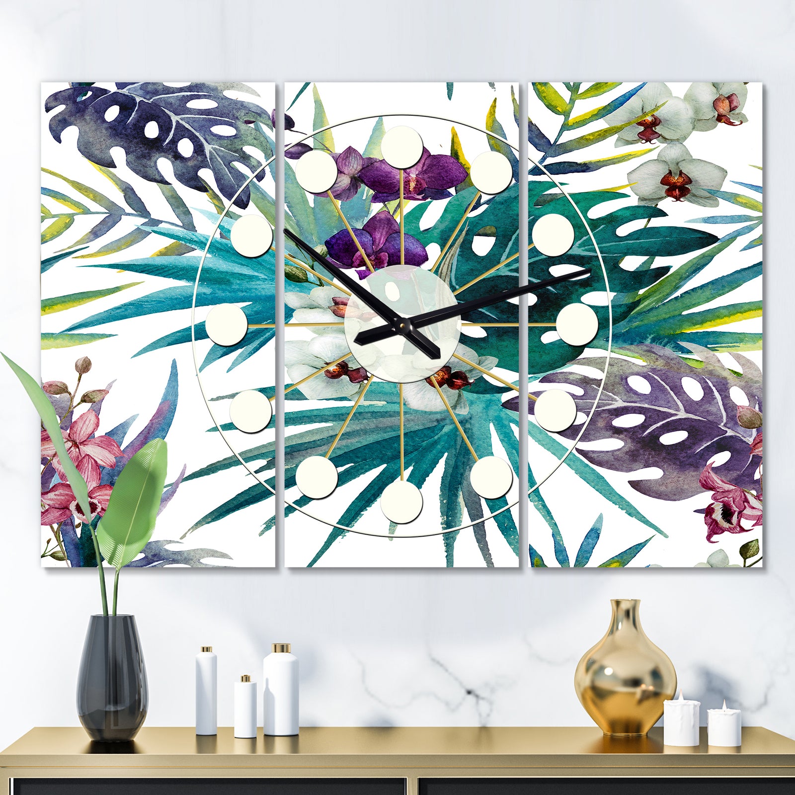 Retro Floral Botanical Design II - Oversized Mid-Century wall clock - 3 Panels