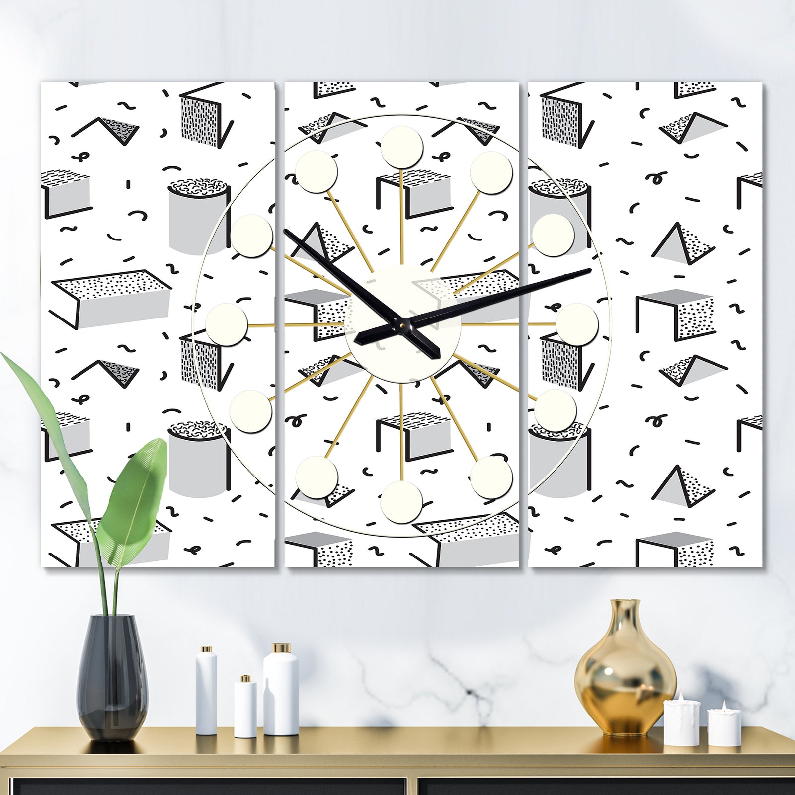 Geometric Retro Design IV - Oversized Mid-Century wall clock - 3 Panels