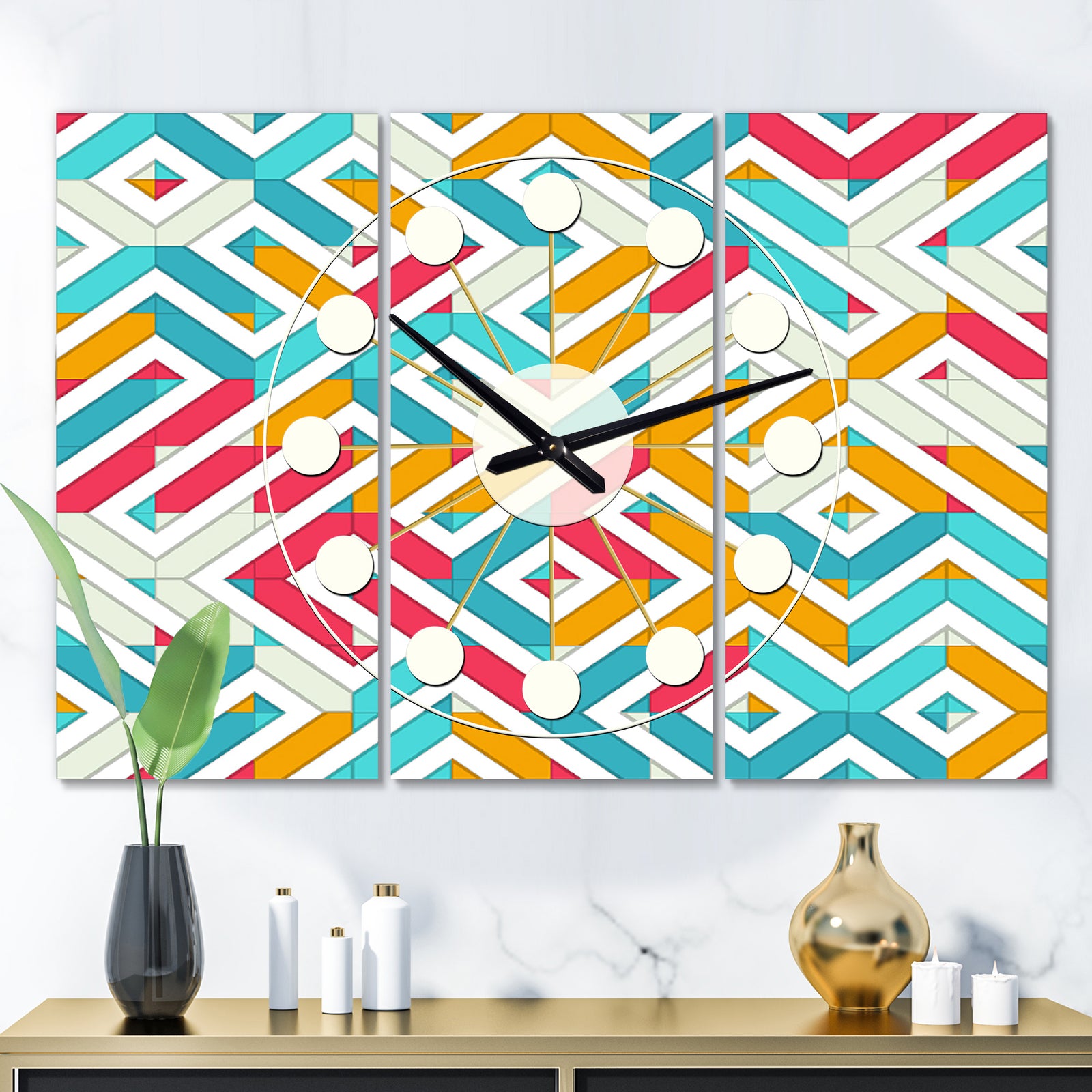 Abstract Retro Geometry I - Oversized Mid-Century wall clock - 3 Panels