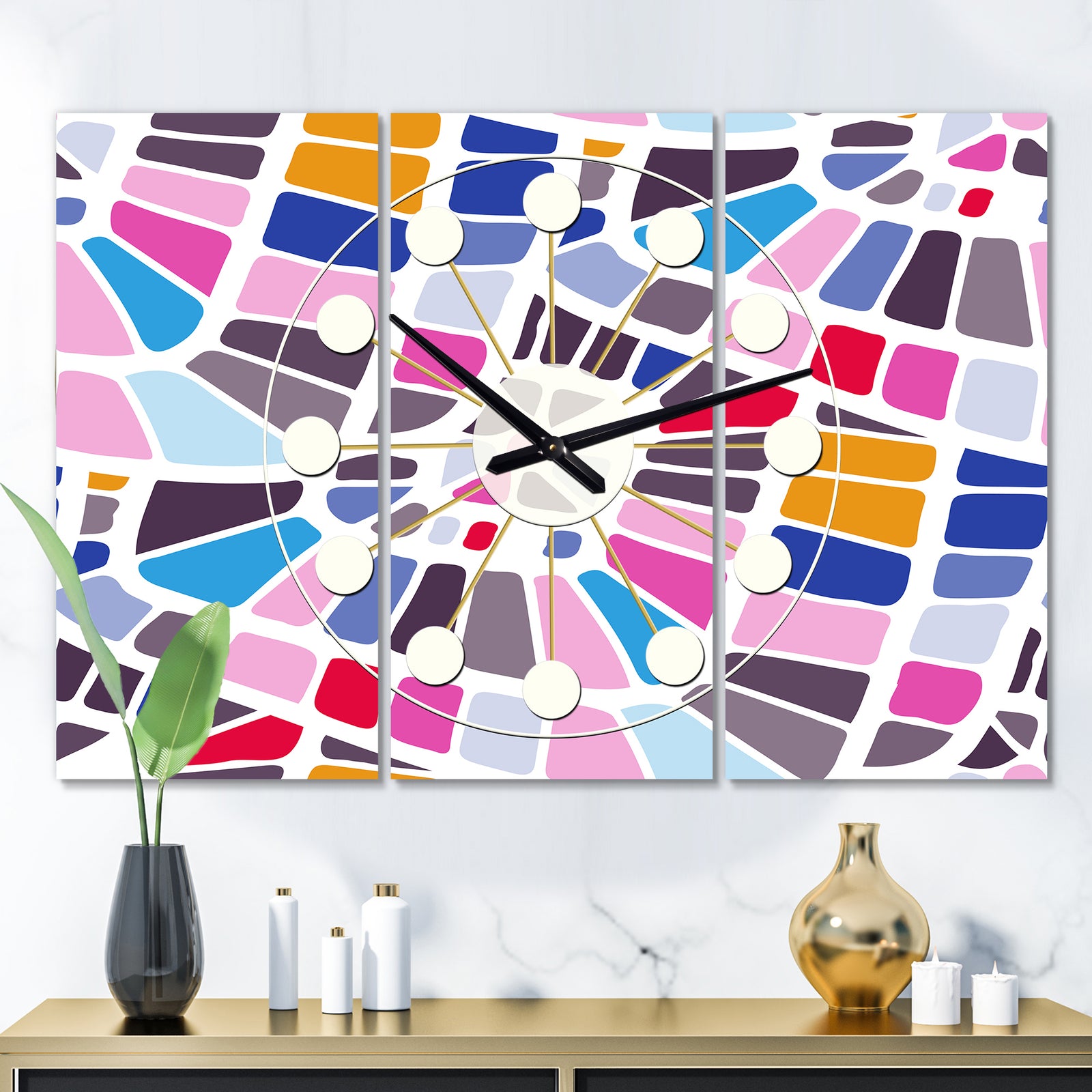 Abstract Retro Geometric Pattern I - Oversized Mid-Century wall clock - 3 Panels