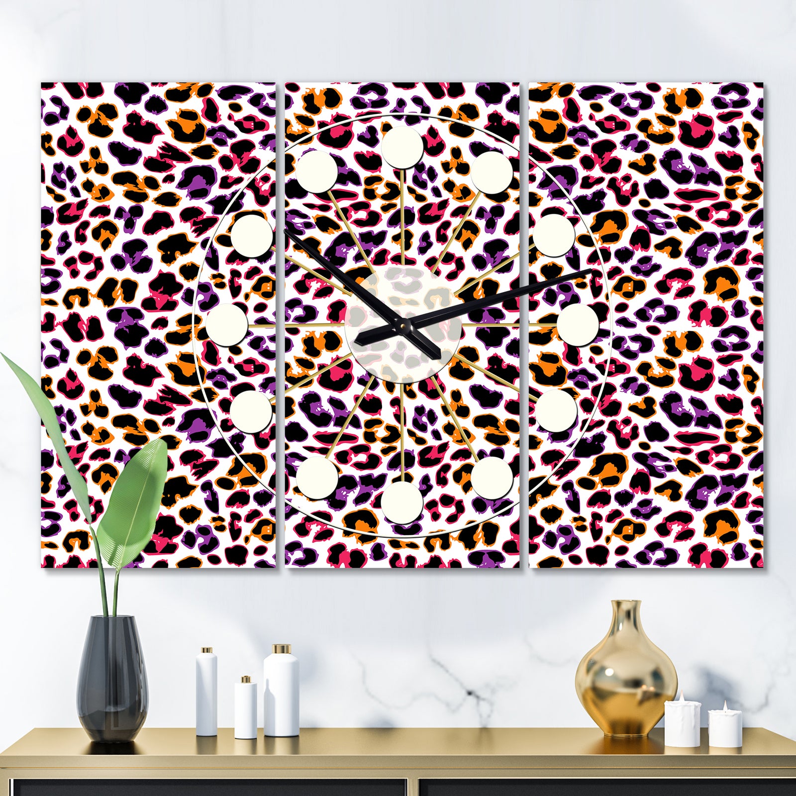 Leopard Fur Safari VII - Oversized Mid-Century wall clock - 3 Panels